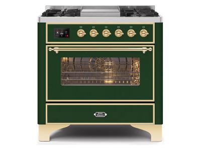 36" ILVE Majestic II Dual Fuel Range with Brass Trim in Emerald Green - UM09FDNS3EGG-LP