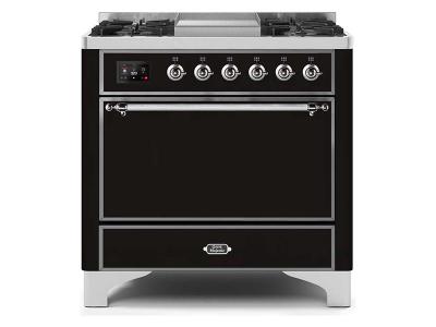 36" ILVE Majestic II Dual Fuel Freestanding Range with Chrome Trim in Glossy Black - UM09FDQNS3BKC-NG