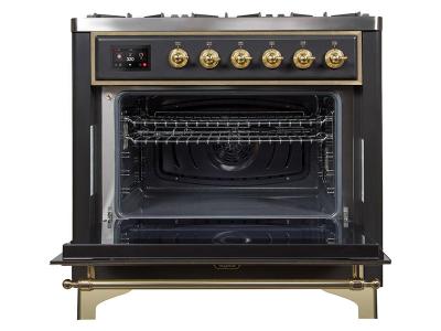 36" ILVE Majestic II Dual Fuel Range in Matte Graphite with Brass Trim - UM09FDNS3MGG-NG