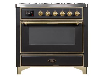 36" ILVE Majestic II Dual Fuel Range in Matte Graphite with Brass Trim - UM09FDNS3MGG-NG