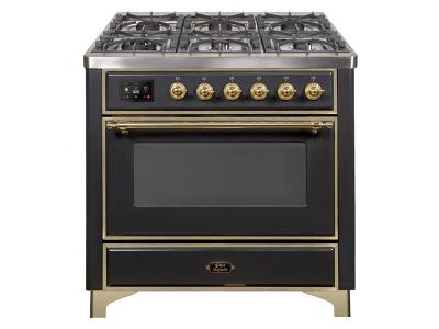 36" ILVE Majestic II Dual Fuel Range in Matte Graphite with Brass Trim - UM09FDNS3MGG-NG