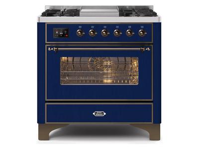 36" ILVE Majestic II Dual Fuel Freestanding Range With Bronze Trim In Blue - UM09FDNS3MBB-LP