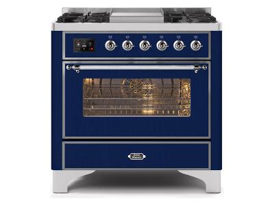 36" ILVE Majestic II Dual Fuel Range with Chrome Trim in Blue - UM09FDNS3MBC-LP