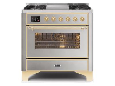 36" ILVE Majestic II Dual Fuel Range in Stainless Steel with Brass Trim - UM09FDNS3SSG-NG