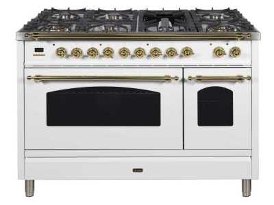 48" ILVE Nostalgie Collection Dual Fuel Range in White with Brass Trim - UPN120FDMPB