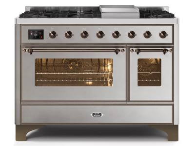 48" ILVE Majestic II Dual Fuel Liquid Propane Freestanding Range With Bronze Trim In Stainless Steel - UM12FDNS3/SSB LP