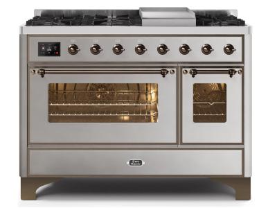 48" ILVE Majestic II Dual Fuel Natural Gas Freestanding Range With Bronze Trim In Stainless Steel - UM12FDNS3/SSB NG