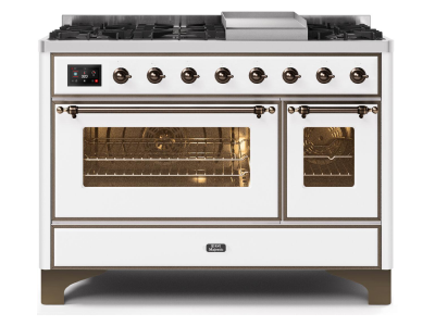 48" ILVE Majestic II Dual Fuel Range in White with Bronze Trim - UM12FDNS3WHB-NG
