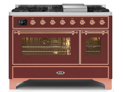 48" ILVE Majestic II Dual Fuel Range with Copper Trim in Burgundy - UM12FDNS3BUP-NG
