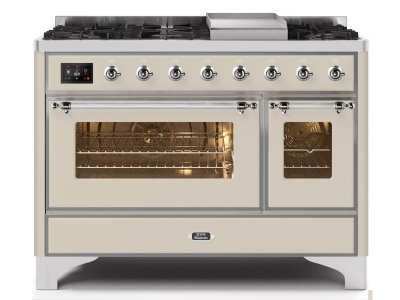 48" ILVE Majestic II Dual Fuel Range in Antique White with Chrome Trim - UM12FDNS3AWC-NG