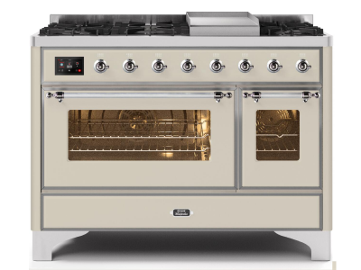 48" ILVE Majestic II Dual Fuel Range in Antique White with Chrome Trim - UM12FDNS3AWC-LP