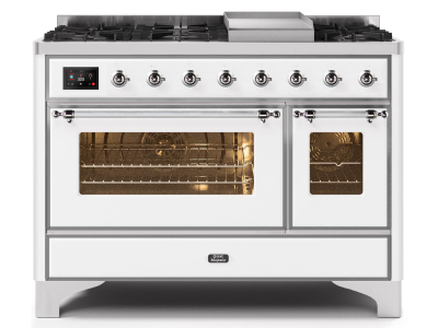 48" ILVE Majestic II Dual Fuel Range in White with Chrome Trim - UM12FDNS3WHC-NG