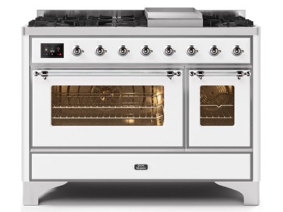 48" ILVE Majestic II Dual Fuel Range in White with Chrome Trim - UM12FDNS3WHC-LP