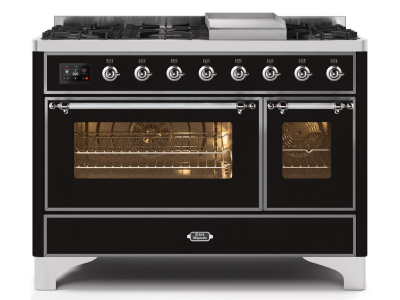 48" ILVE Majestic II Dual Fuel Range in Glossy Black with Chrome Trim - UM12FDNS3BKC-NG