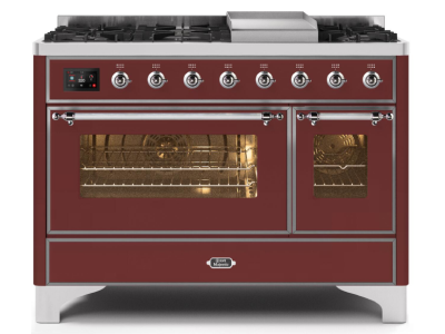 48" ILVE Majestic II Dual Fuel Range in Burgundy with Chrome Trim - UM12FDNS3BUC-LP