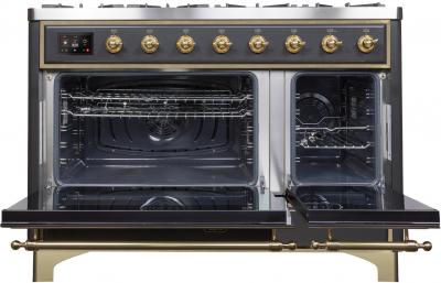 48" ILVE Majestic II Dual Fuel Range in Matte Graphite with Brass Trim - UM12FDNS3MGG-NG