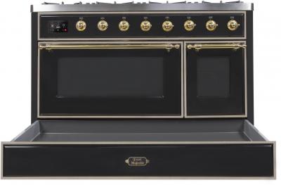 48" ILVE Majestic II Dual Fuel Range in Glossy Black with Brass Trim - UM12FDNS3BKG-NG
