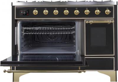 48" ILVE Majestic II Dual Fuel Range in Glossy Black with Brass Trim - UM12FDNS3BKG-NG