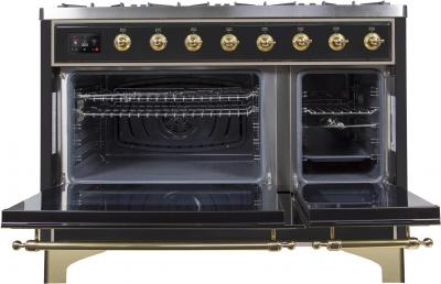 48" ILVE Majestic II Dual Fuel Range in Glossy Black with Brass Trim - UM12FDNS3BKG-NG