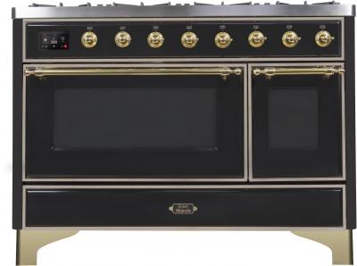 48" ILVE Majestic II Dual Fuel Range in Glossy Black with Brass Trim - UM12FDNS3BKG-NG