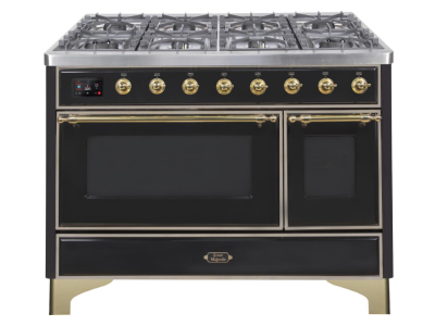 48" ILVE Majestic II Dual Fuel Range in Glossy Black with Brass Trim - UM12FDNS3BKG-LP