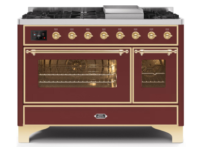 48" ILVE Majestic II Dual Fuel Range in Burgundy with Brass Trim - UM12FDNS3BUG-NG