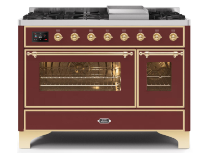 48" ILVE Majestic II Dual Fuel Range in Burgundy with Brass Trim - UM12FDNS3BUG-LP