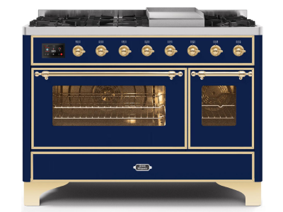 48" ILVE Majestic II Dual Fuel Range in Blue with Brass Trim - UM12FDNS3MBG-NG