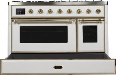 48" ILVE Majestic II Dual Fuel Range in White with Brass Trim - UM12FDNS3WHG-NG