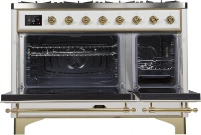 48" ILVE Majestic II Dual Fuel Range in White with Brass Trim - UM12FDNS3WHG-NG