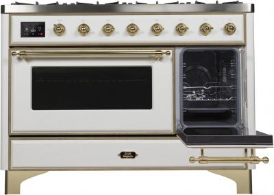 48" ILVE Majestic II Dual Fuel Range in White with Brass Trim - UM12FDNS3WHG-NG