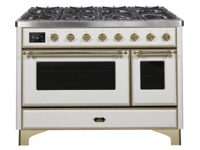 48" ILVE Majestic II Dual Fuel Range in White with Brass Trim - UM12FDNS3WHG-LP