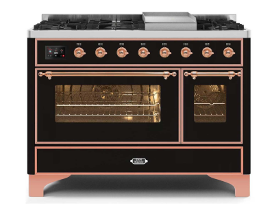 48" ILVE Majestic II Dual Fuel Range with Copper Trim in Glossy Black - UM12FDNS3BKP-NG