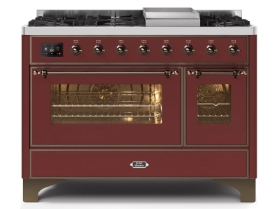 48" ILVE Majestic II Dual Fuel Range in Burgundy with Bronze Trim - UM12FDNS3BUB-LP