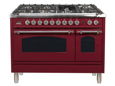 48" ILVE Nostalgie Collection Dual Fuel Range in Burgundy with Chrome Trim - UPN120FDMPRBX