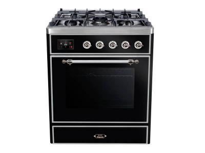 30" ILVE Majestic II Dual Fuel Freestanding Range with Chrome Trim in Glossy Black - UM30DNE3BKC-NG