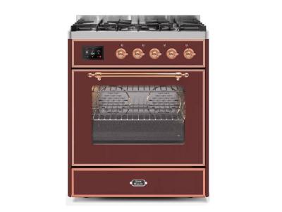 30" ILVE Majestic II Dual Fuel Liquid Propane Range with Copper Trim in Burgundy - UM30DNE3BUP-LP