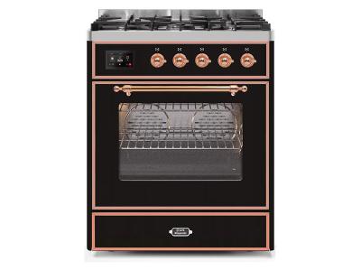 30" ILVE Majestic II Dual Fuel Range with Copper Trim in Glossy Black  - UM30DNE3BKP-NG