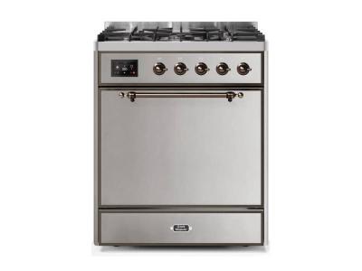 30" ILVE Majestic II Dual Fuel Liquid Propane Freestanding Range with Bronze Trim in Stainless Steel - UM30DQNE3/SSB LP