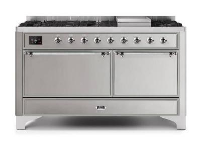 60" ILVE Majestic II Dual Fuel Liquid Propane Freestanding Range with Chrome Trim in Stainless Steel - UM15FDQNS3/SSC LP