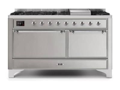 60" ILVE Majestic II Dual Fuel Natural Gas Freestanding Range with Chrome Trim in Stainless Steel - UM15FDQNS3/SSC NG