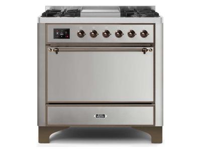 36" ILVE Majestic II Dual Fuel Natural Gas Freestanding Range With Bronze Trim In Stainless Steel - UM09FDQNS3/SSB NG