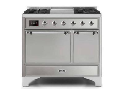 40" ILVE Majestic II Dual Fuel Liquid Propane Freestanding Range with Chrome Trim in Stainless Steel - UMD10FDQNS3/SSC LP