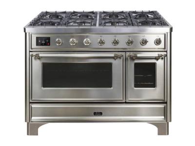 48" ILVE Majestic II Dual Fuel Liquid Propane Freestanding Range with Chrome Trim in Stainless Steel - UM12FDNS3/SSC LP