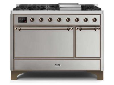 48" ILVE Majestic II Dual Fuel Natural Gas Freestanding Range With Bronze Trim In Stainless Steel - UM12FDQNS3/SSB NG