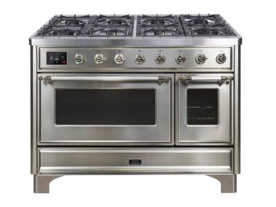 48" ILVE Majestic II Dual Fuel Natural Gas Freestanding Range with Chrome Trim in Stainless Steel - UM12FDNS3/SSC NG