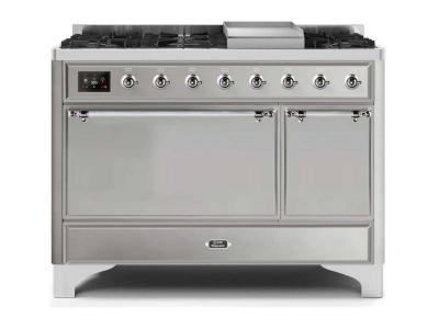 48" ILVE Majestic II Dual Fuel Liquid Propane Freestanding Range with Chrome Trim in Stainless Steel  - UM12FDQNS3/SSC LP