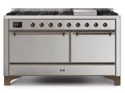 60" ILVE Majestic II Dual Fuel Liquid Propane Freestanding Range With Bronze Trim In Stainless Steel - UM15FDQNS3/SSB LP