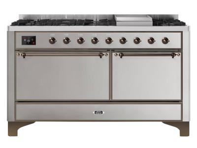 60" ILVE Majestic II Dual Fuel Natural Gas Freestanding Range With Bronze Trim In Stainless Steel - UM15FDQNS3/SSB NG