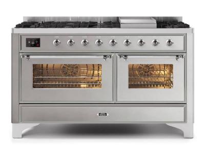 60" ILVE Majestic II Dual Fuel Natural Gas Freestanding Range with Chrome Trim in Stainless Steel - UM15FDNS3/SSC NG